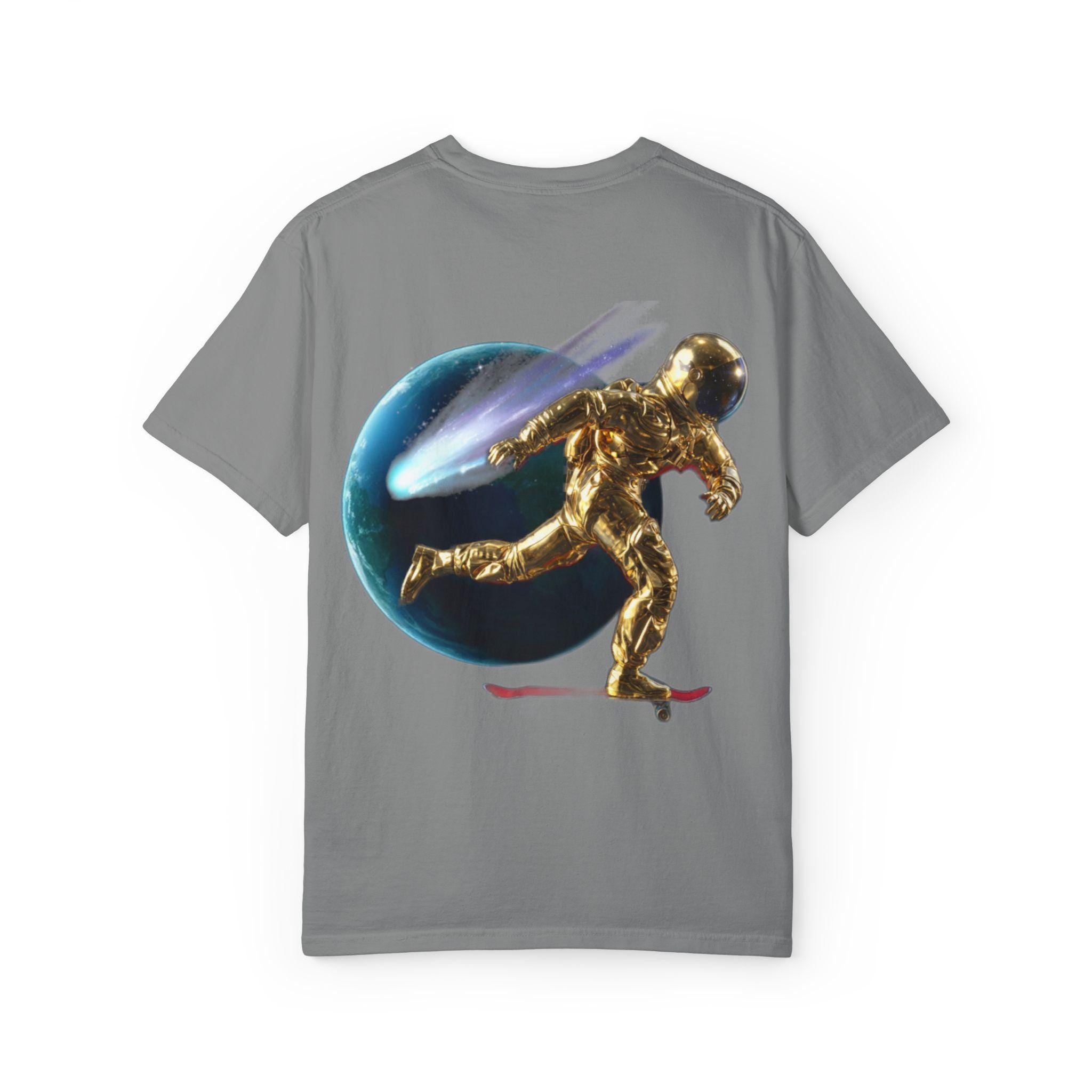 Golden Astronaut Skateboard T-Shirt | Space Planets Graphic