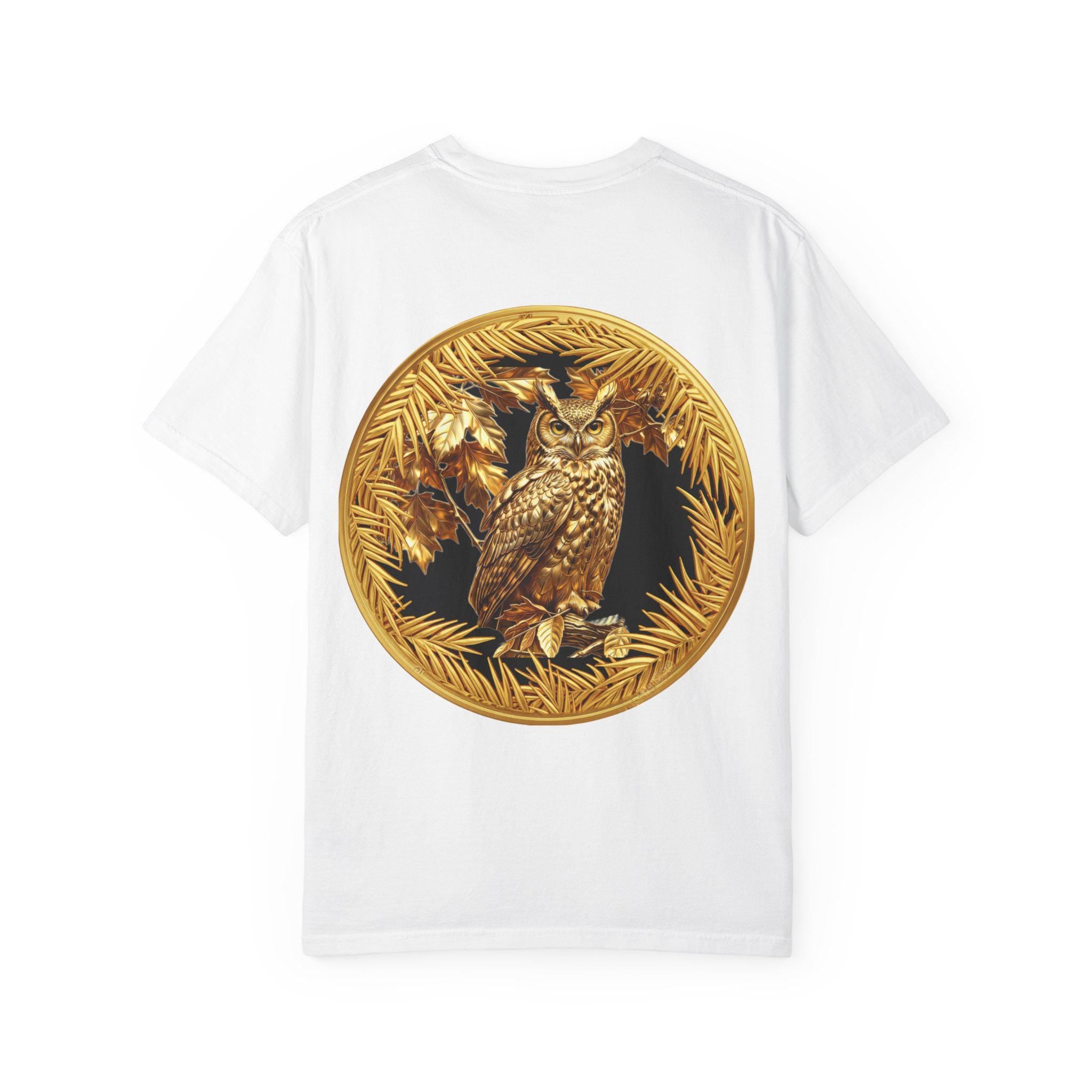 Eared Owl Gold Print T-Shirt Exotic Wildlife Night Scene with Majestic Owl Design