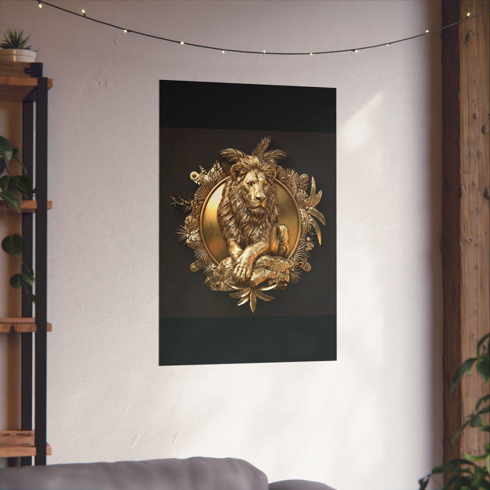 Gold Lion Tropical Frame Wall Art, Luxury Wildlife Poster
