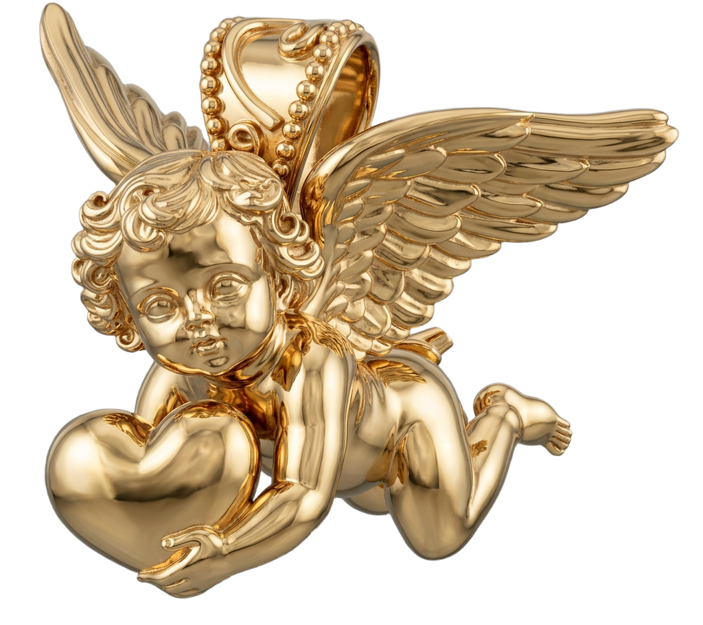 Golden Cherub with Heart Pendant Necklace | Angel of Love & Protection | 9K Gold, Sterling Silver or Polished Brass | Handmade Religious Jewelry Gift