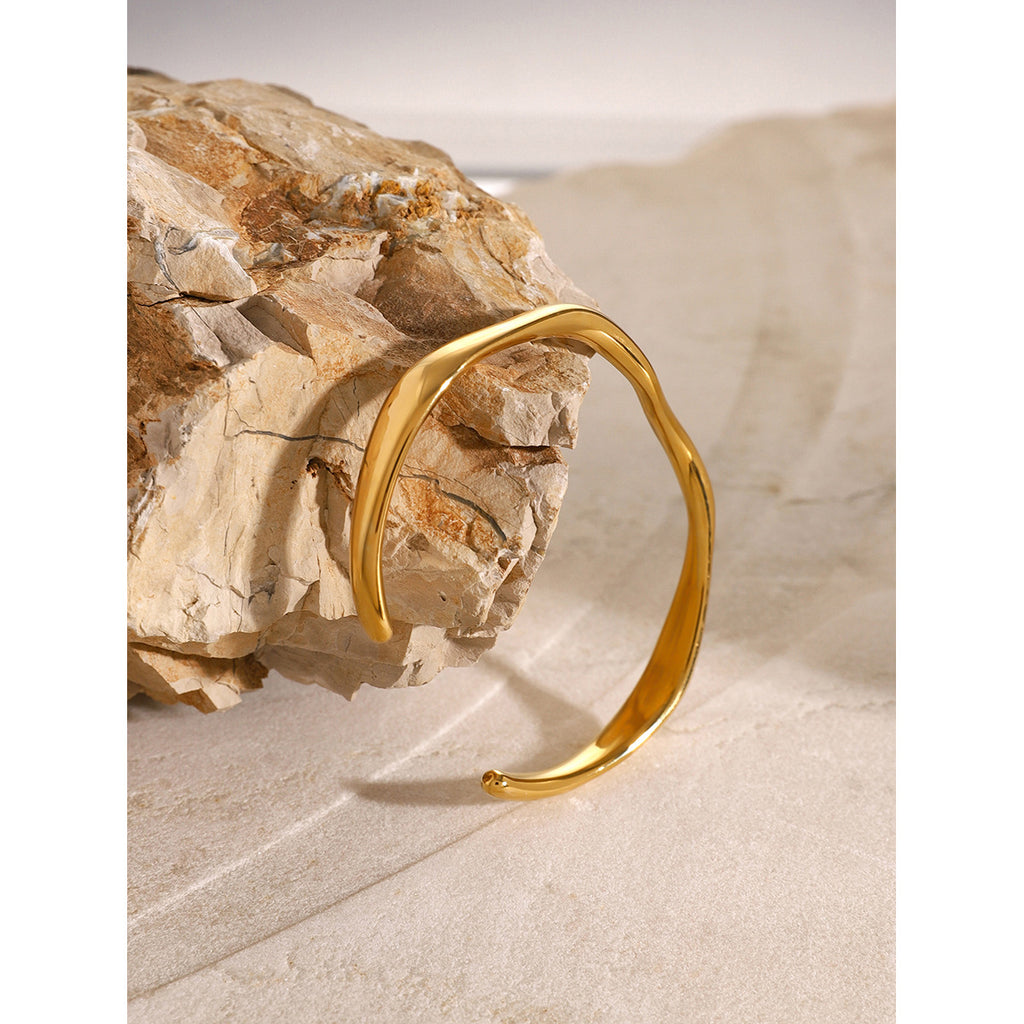 18K Gold Plated Open Bangle Bracelet - Minimalist Stainless Steel Cuff