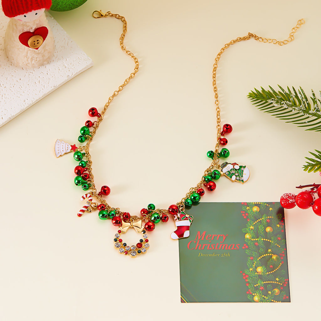 Christmas Charm Necklace - Santa Claus Wreath Bell Tree Rhinestone Pendant