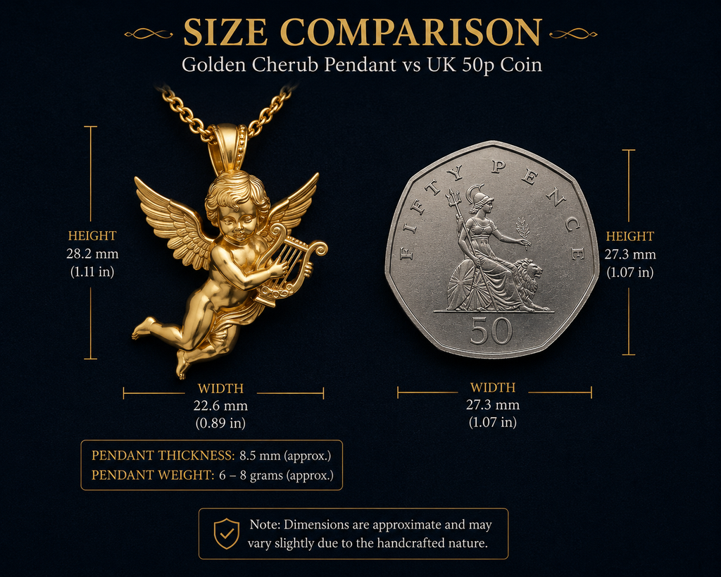 Golden Cherub Harp Pendant Necklace, Guardian Angel Jewelry, 9K Gold Angel Pendant, Sterling Silver Cherub Necklace, Religious Gift