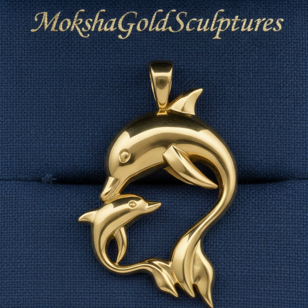 The Dolphin Mother & Baby Pendant Necklace in polished yellow brass by MokshaGoldSculptures.