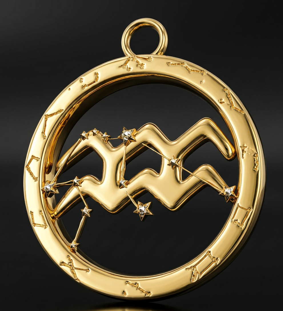 Aquarius Symbol Zodiac Pendant Necklace, 25mm Aquarius Constellation Pendant, Water Bearer Astrology Necklace, 9K Gold, Sterling Silver or Yellow Brass Gift