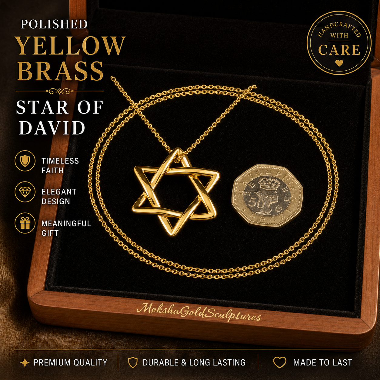 The Interlaced Star of David Pendant Necklace in polished 18K gold by MokshaGoldSculptures.