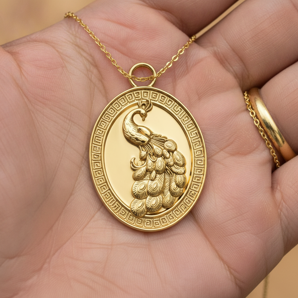 Gothic Peacock Coin Pendant Necklace | 9K Gold, Sterling Silver & Polished Yellow Brass | Art Nouveau Peacock Medallion | Nature Bird Jewelry | Gift for Her