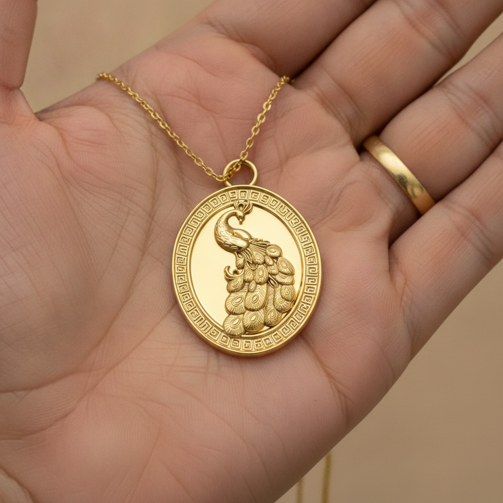 Gothic Peacock Coin Pendant Necklace | 9K Gold, Sterling Silver & Polished Yellow Brass | Art Nouveau Peacock Medallion | Nature Bird Jewelry | Gift for Her
