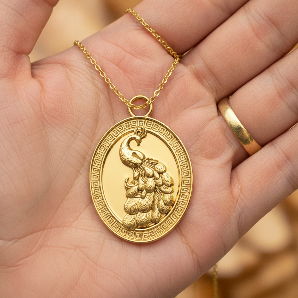 Gothic Peacock Coin Pendant Necklace | 9K Gold, Sterling Silver & Polished Yellow Brass | Art Nouveau Peacock Medallion | Nature Bird Jewelry | Gift for Her