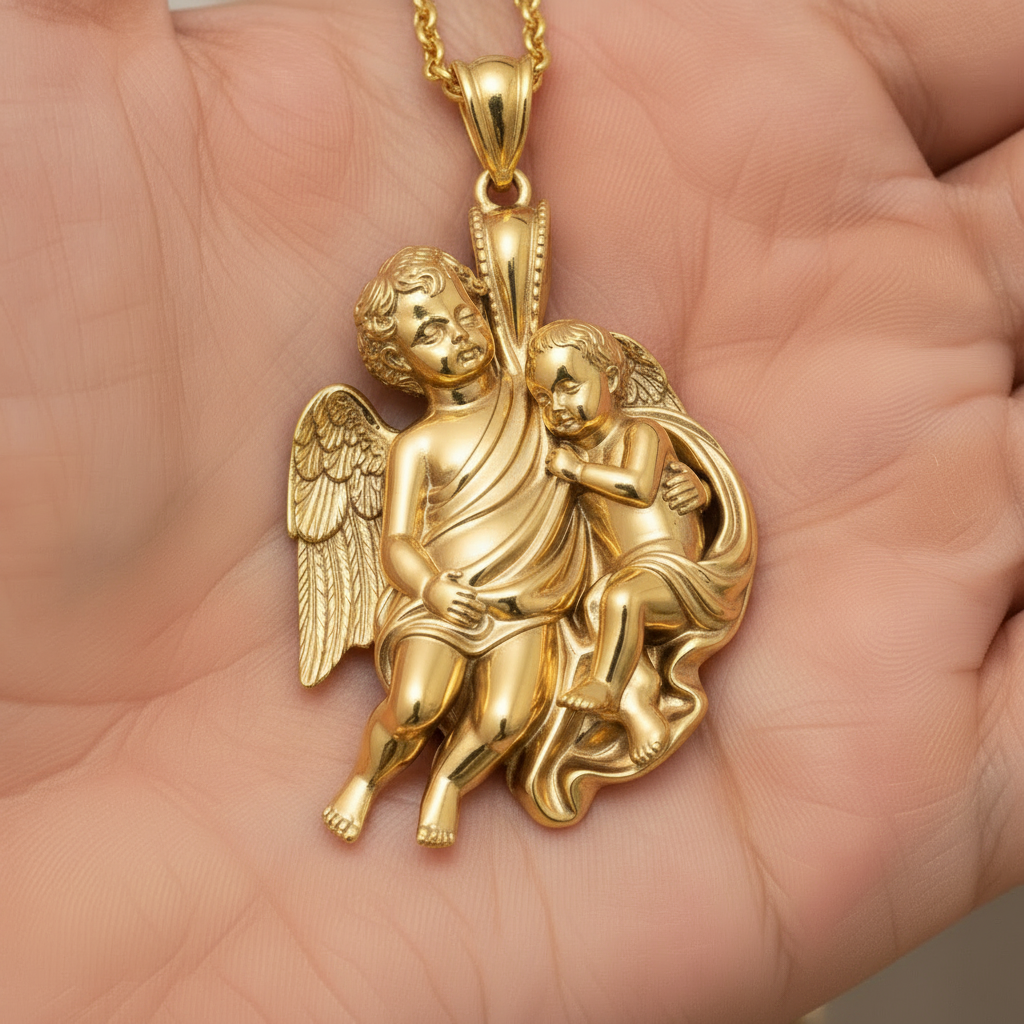 Golden Cherub Duo Pendant Necklace | Guardian Angel Pendant | 9K Gold, Sterling Silver & Yellow Brass | Religious Jewelry | Cherub Gift