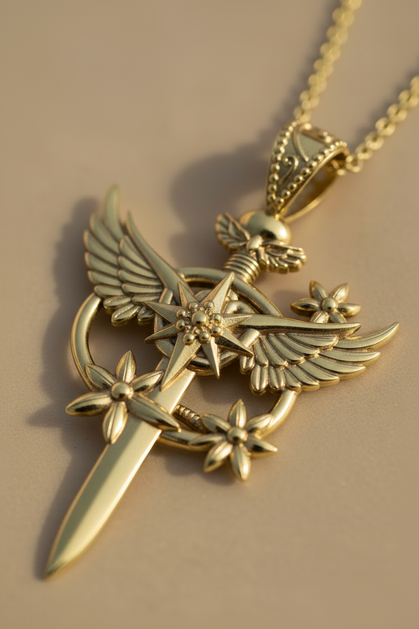 The Celestia Winged Star Sword Necklace in 9K gold, silver, and brass by MokshaGoldSculptures on a fine chain.