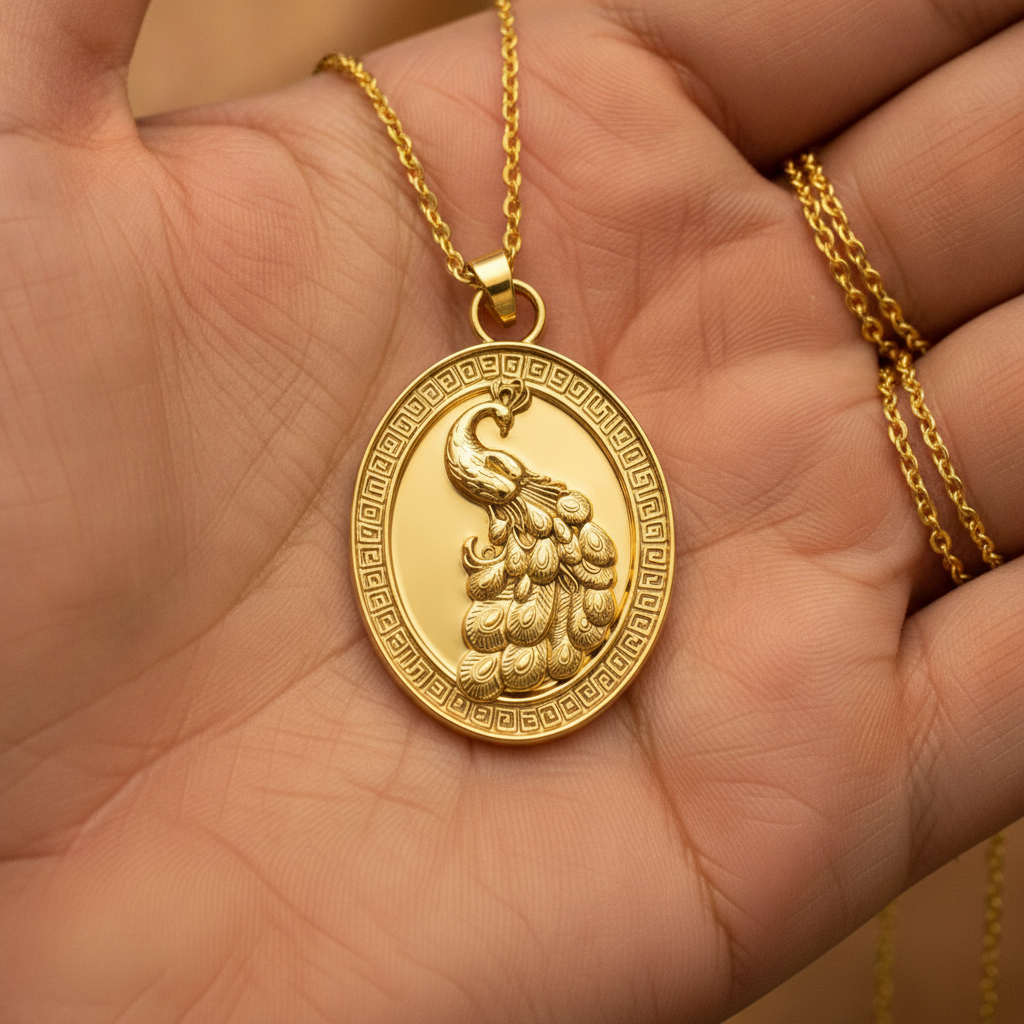 Gothic Peacock Coin Pendant Necklace | 9K Gold, Sterling Silver & Polished Yellow Brass | Art Nouveau Peacock Medallion | Nature Bird Jewelry | Gift for Her