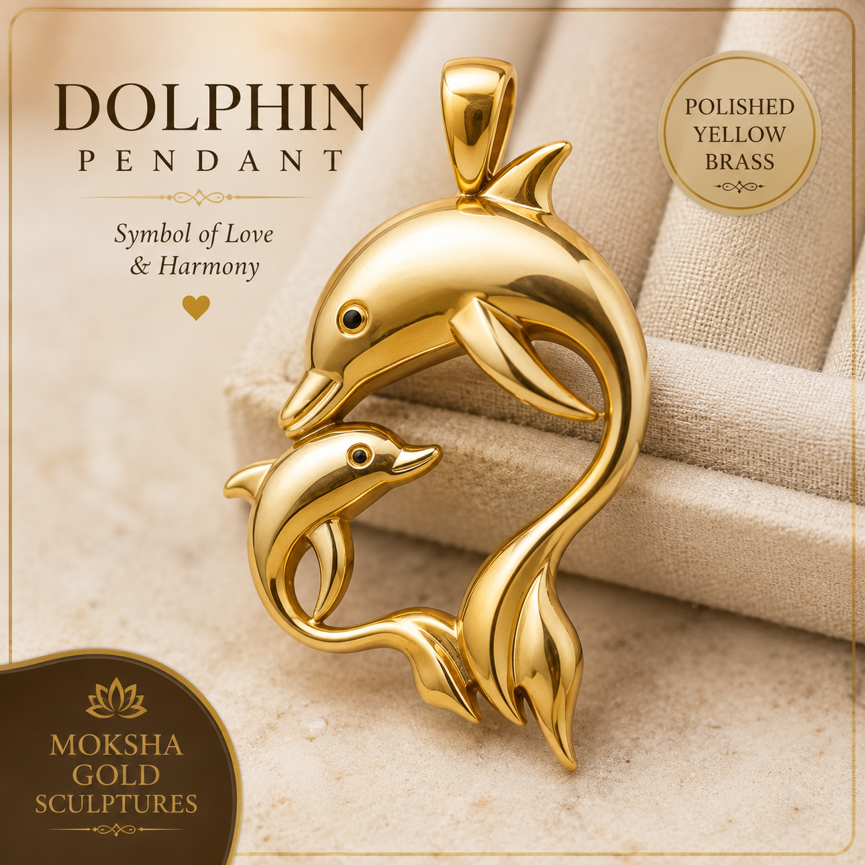 The Dolphin Mother & Baby Pendant Necklace in polished yellow brass by MokshaGoldSculptures.