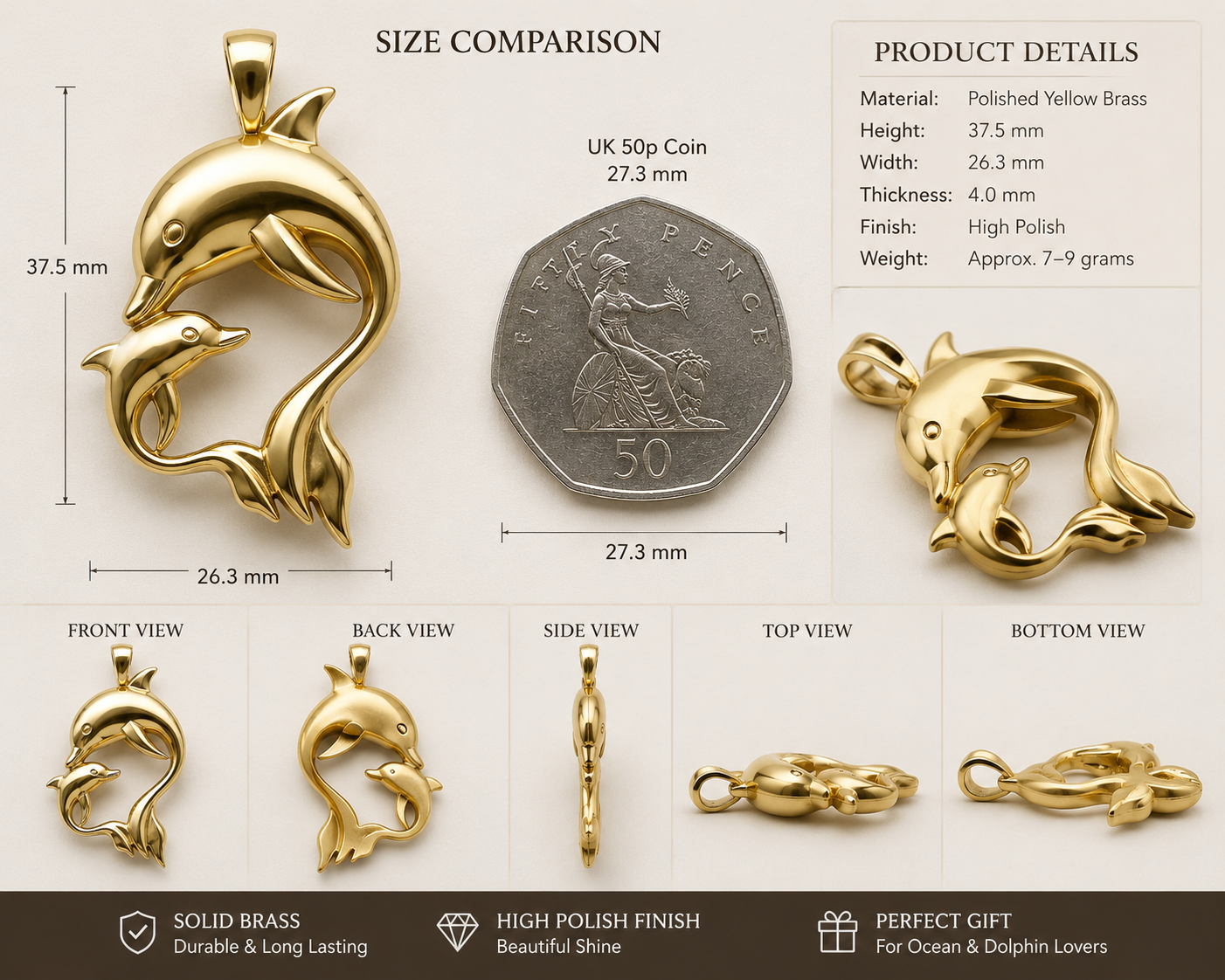 The Dolphin Mother & Baby Pendant Necklace in polished yellow brass by MokshaGoldSculptures shown beside UK 50p coin.
