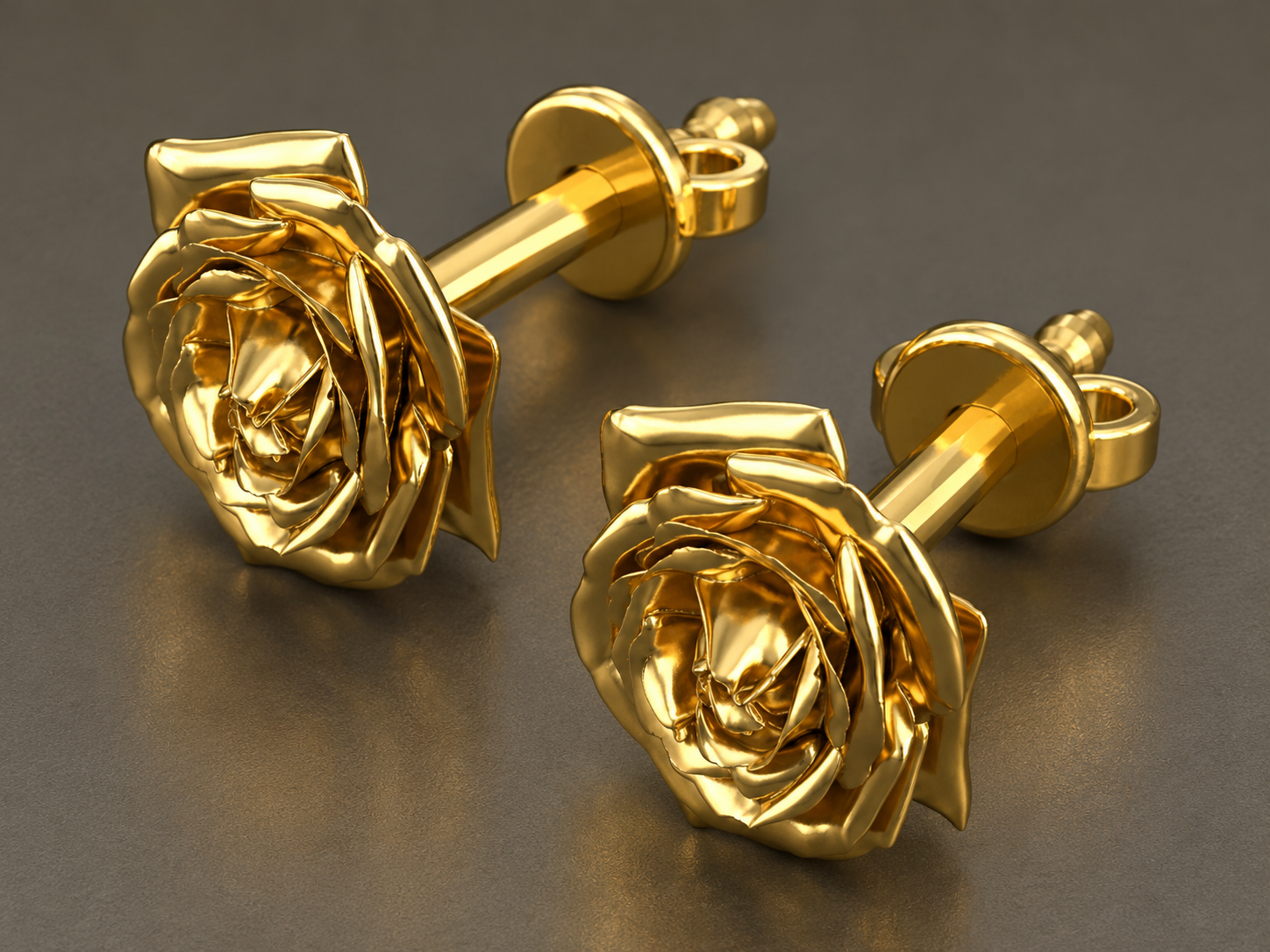 Polished Brass Rose Stud Earrings by MokshaGoldSculptures with sculptural floral details and a polished finish.