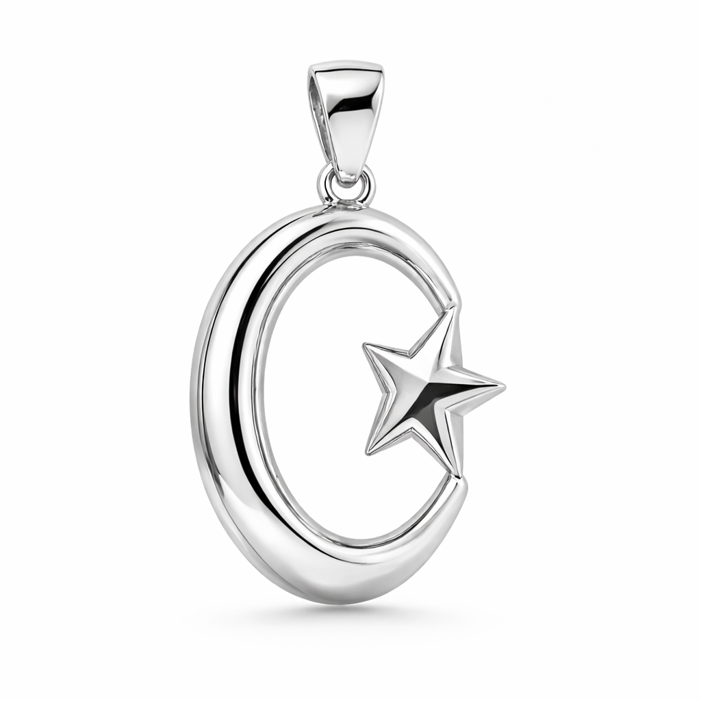 Silver and Polished Brass Crescent Star Pendant 30mm Religious Necklace Charm Handmade Jewelry