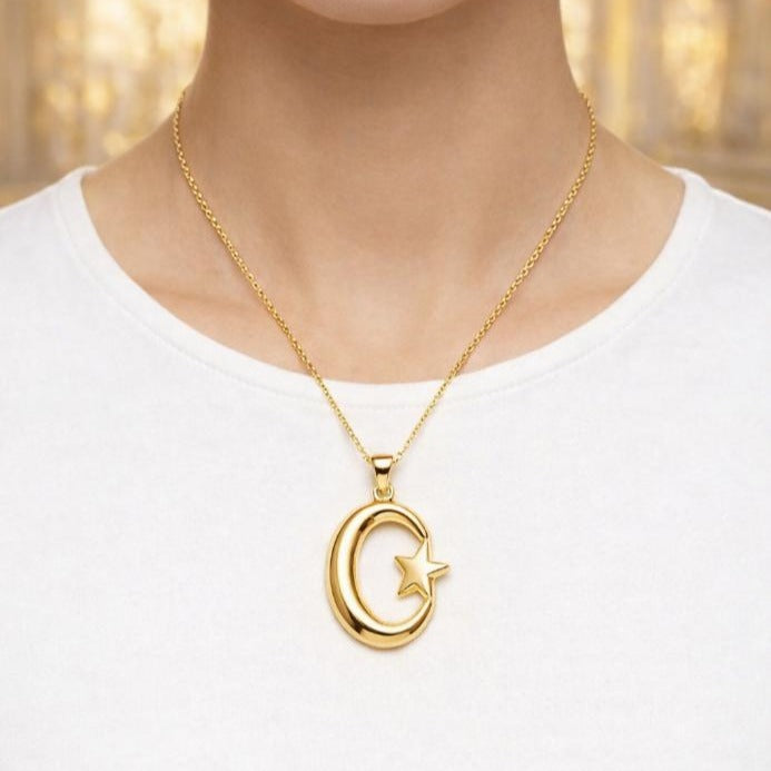 Crescent Star Pendant 30mm – Gold-Tone Metal Alloy – Religious Necklace Charm