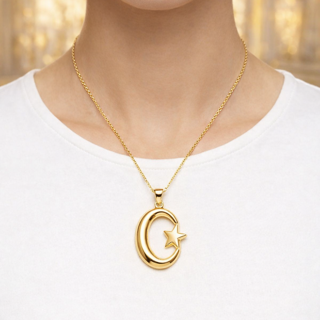 Silver and Polished Brass Crescent Star Pendant 30mm Religious Necklace Charm Handmade Jewelry