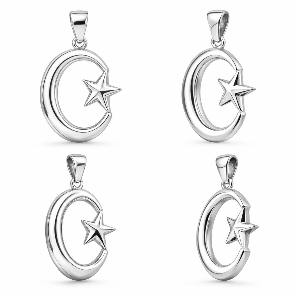 Silver and Polished Brass Crescent Star Pendant 30mm Religious Necklace Charm Handmade Jewelry