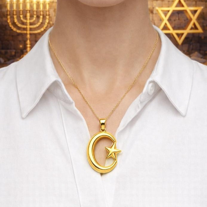 Silver and Polished Brass Crescent Star Pendant 30mm Religious Necklace Charm Handmade Jewelry