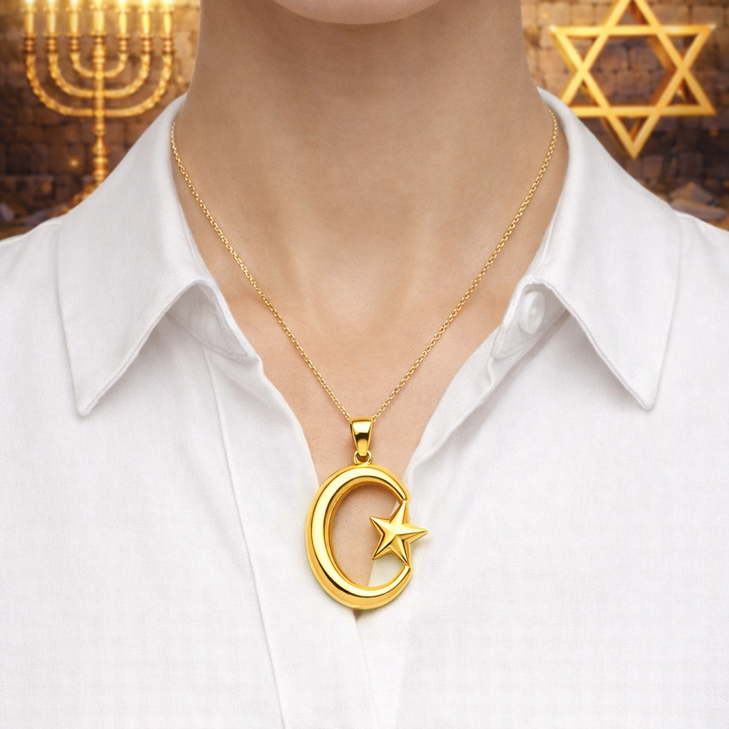 Silver and Polished Brass Crescent Star Pendant 30mm Religious Necklace Charm Handmade Jewelry