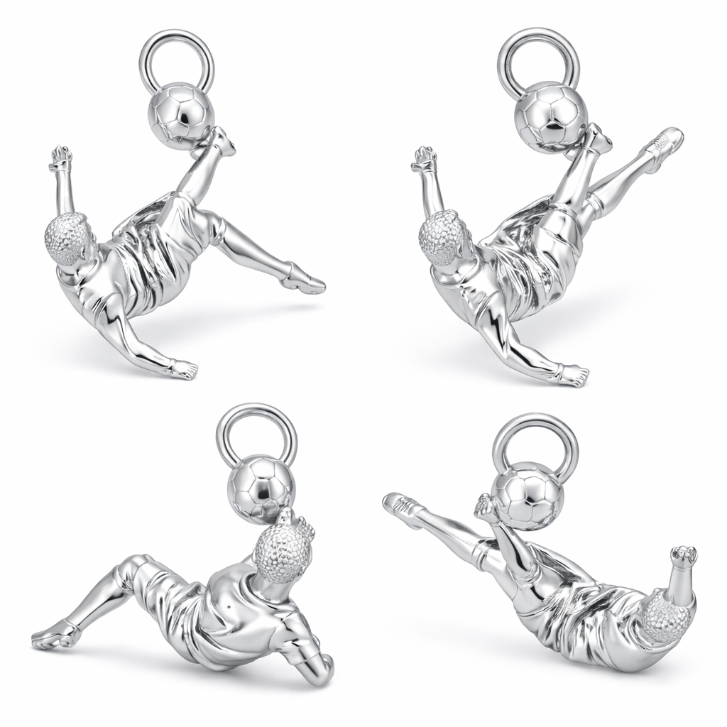 Footballer Bicycle Kick Pendant 30mm Soccer Player Necklace Charm Silver or Brass Sports Jewelry