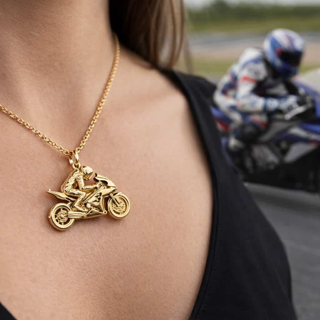 Solid Gold Racing Motorbike Pendant Necklace | Biker Jewelry Gift for Motorcycle Lovers