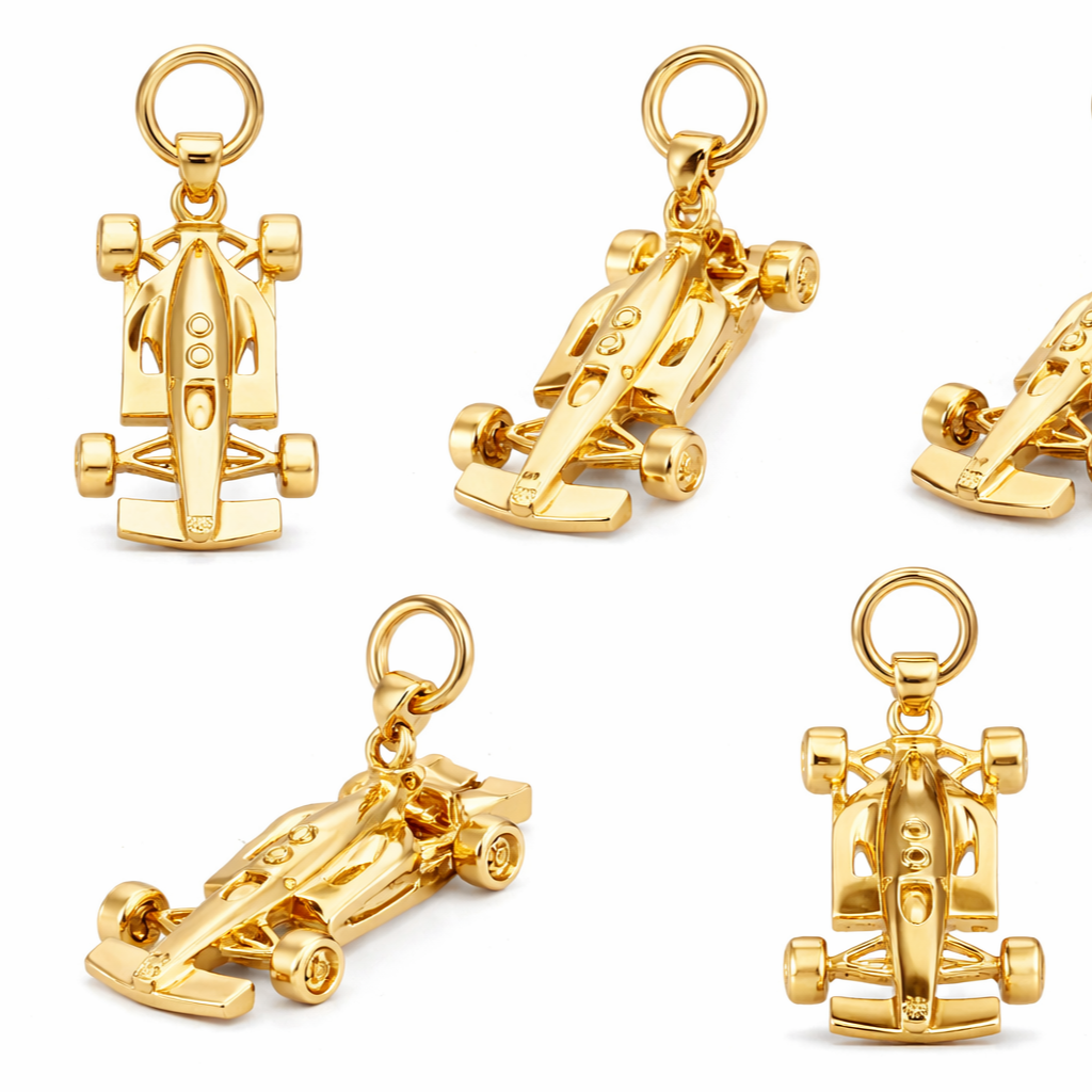 F1 Racing Car Pendant – Silver & Brass Motorsport Charm | 35x15x6mm