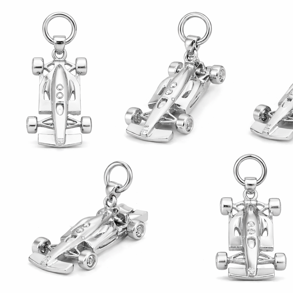 F1 Racing Car Pendant – Silver & Brass Motorsport Charm | 35x15x6mm