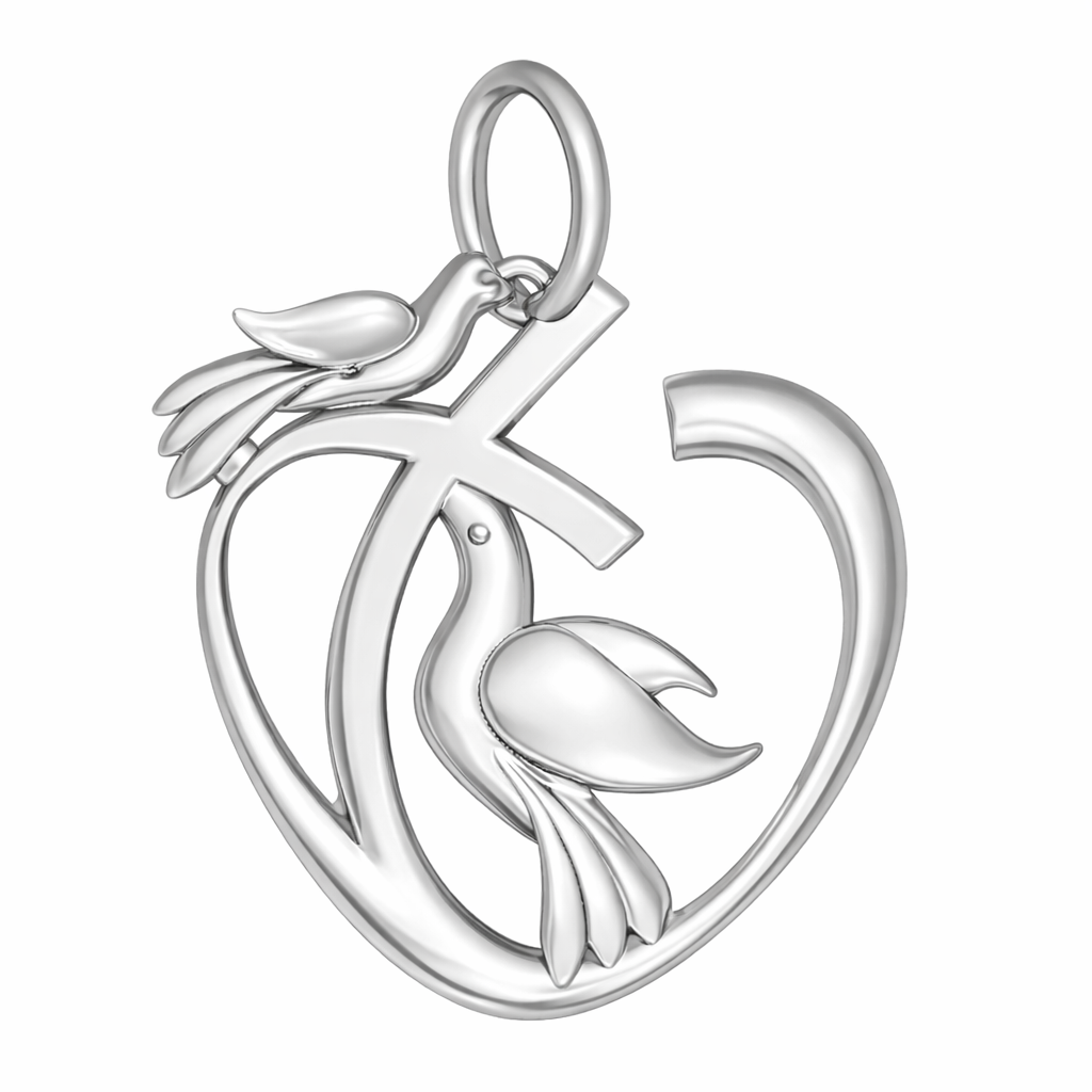 Heart and Dove Pendant - Polished Silver and Brass Symbolic Charm