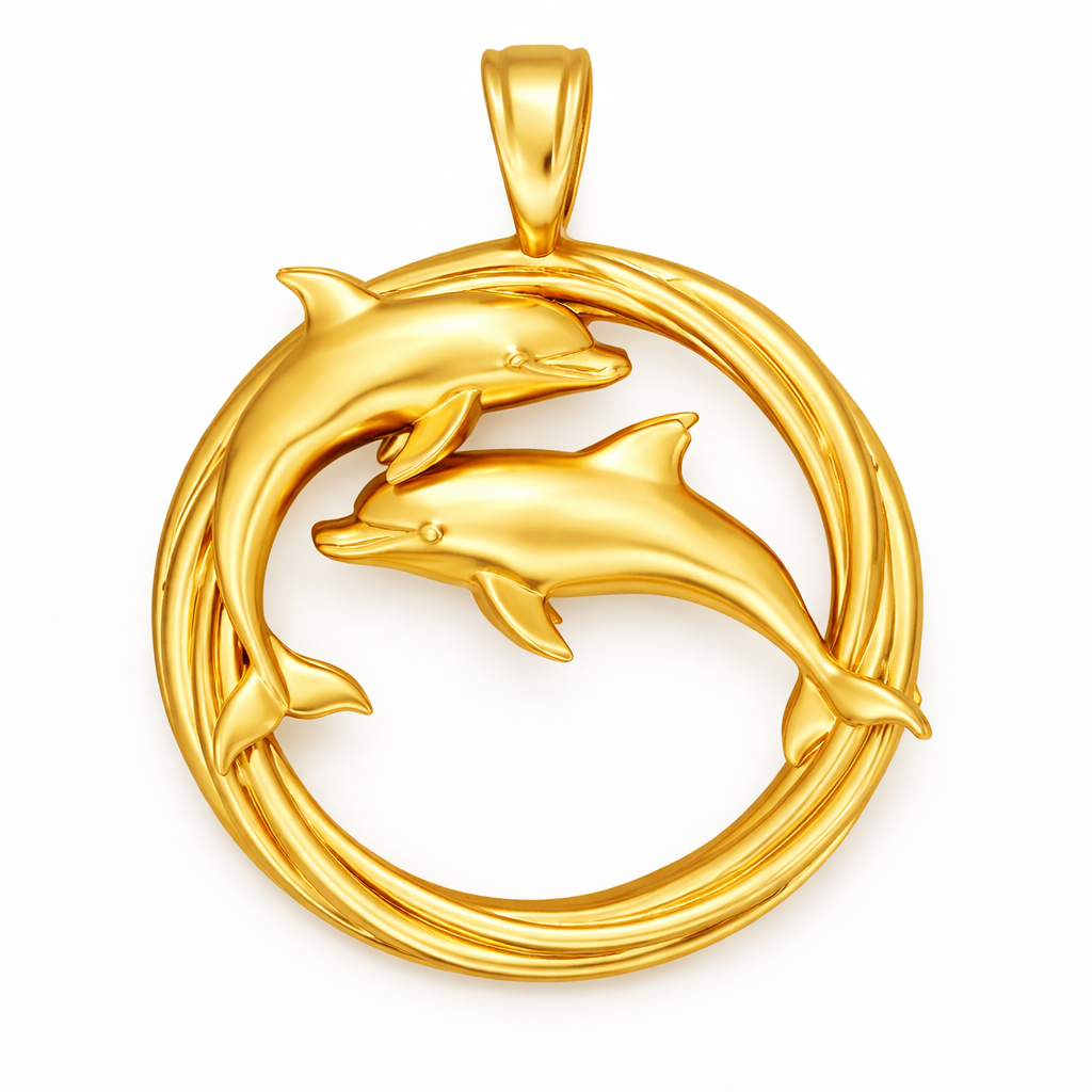 Polished Gold Dolphin Circle Pendant with Integrated Bail – Double Dolphin Necklace – 29 x 23 mm
