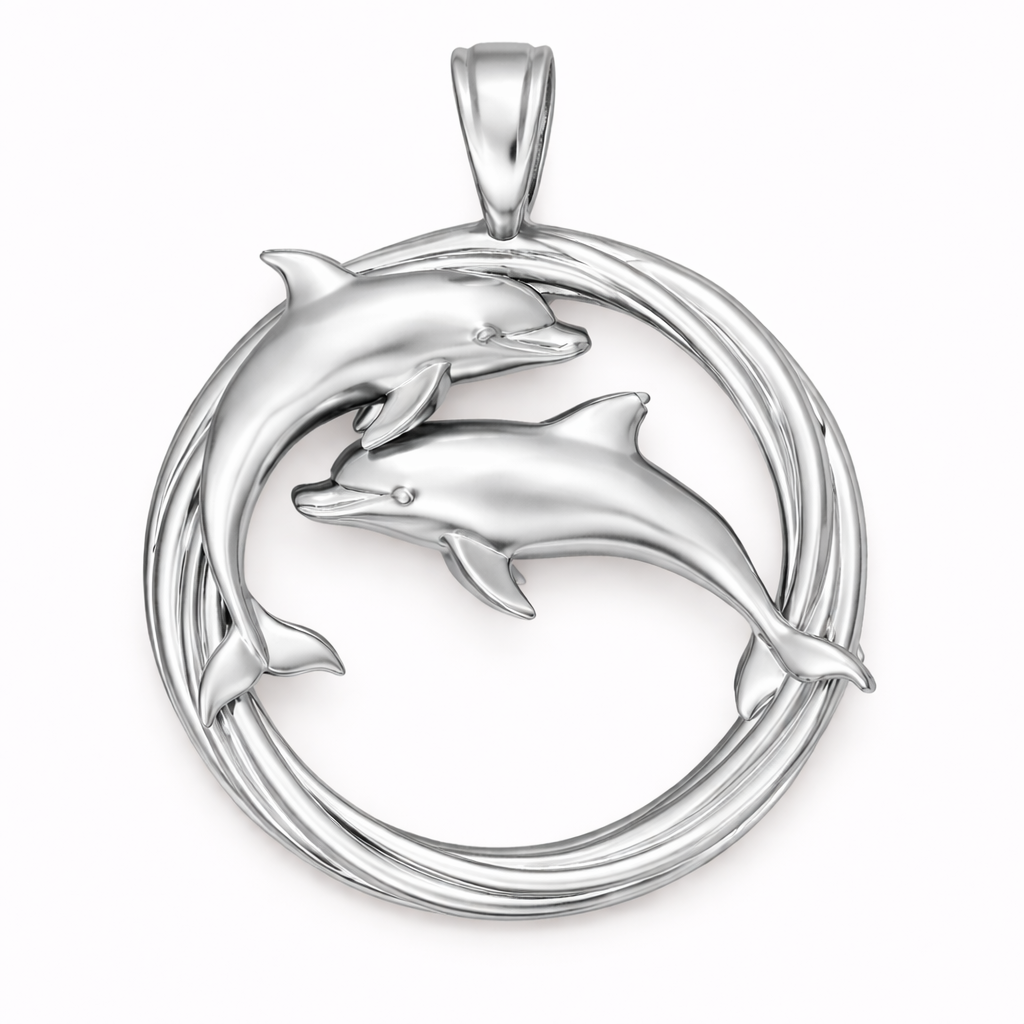 Polished Dolphin Circle Pendant with Bail – Classic Double Dolphin Necklace Charm – 29 x 23 mm