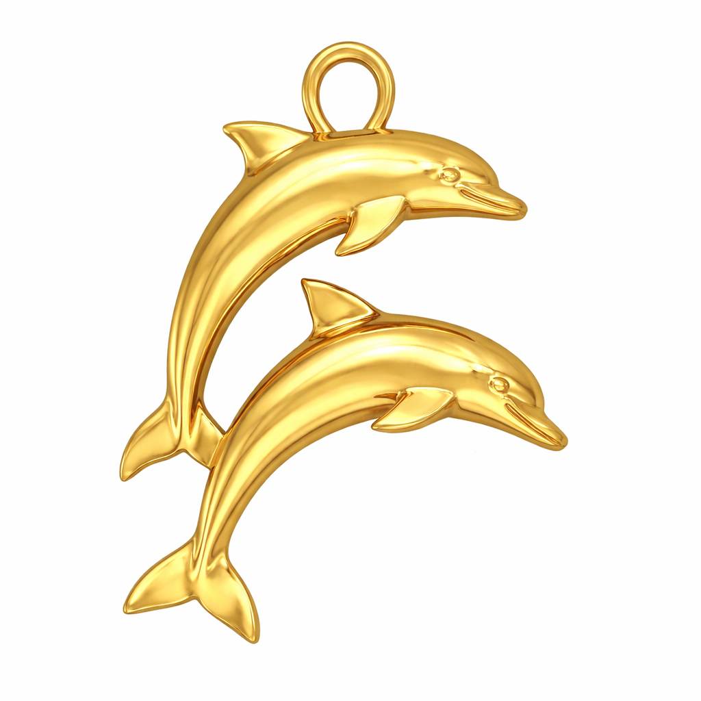 Gold Double Dolphin Pendant with Integrated Bail – Polished Finish – 28 x 21 mm