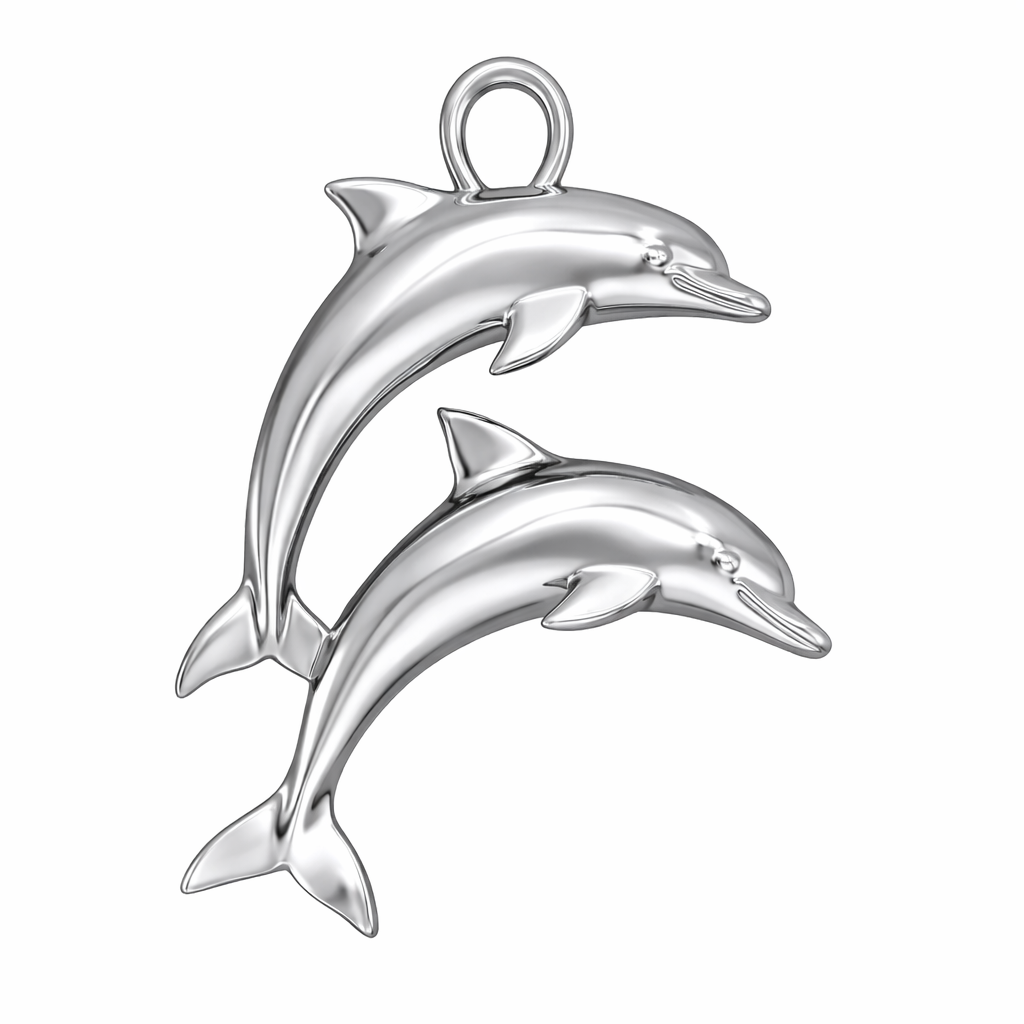 Double Dolphin Pendant with Integrated Bail – Polished Silver or Brass – 28 x 21 mm