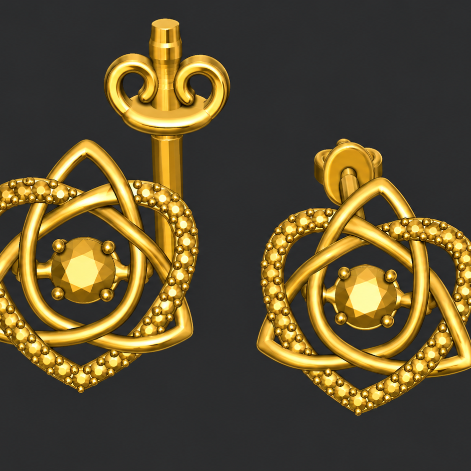 The Celtic Trinity Knot Heart Stud Earrings in 9K gold by MokshaGoldSculptures, intricate Irish knotwork finish.