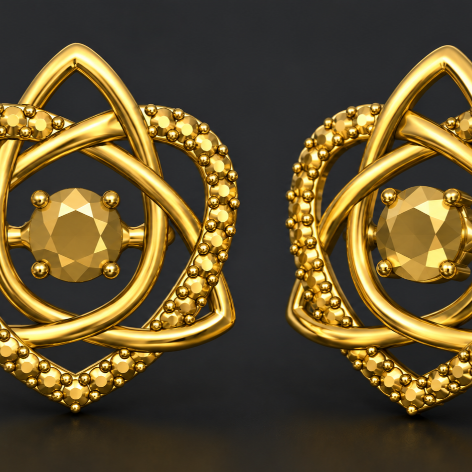 Celtic Trinity Knot Heart Stud Earrings in 9K gold, silver, and brass by MokshaGoldSculptures.