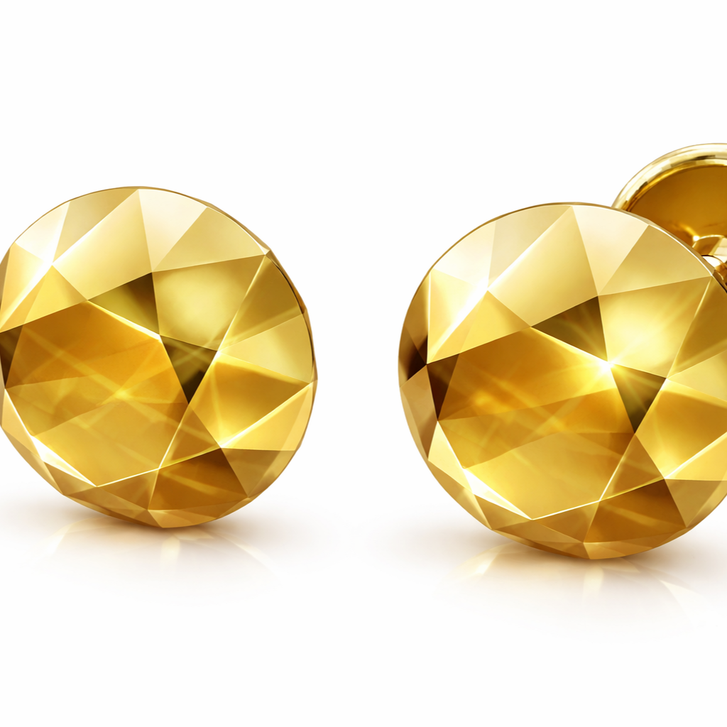 Faceted Round Stud Earring – 10mm Geometric Dome Stud in Polished Gold