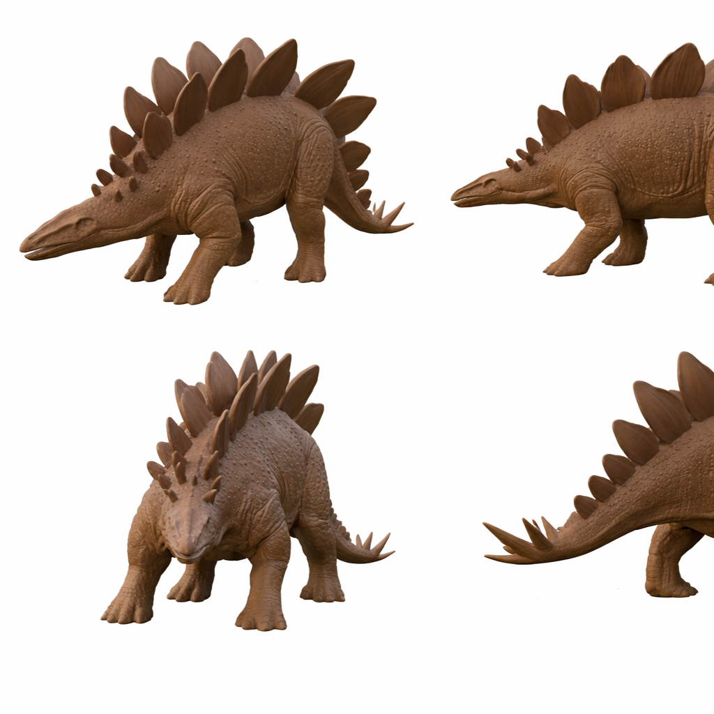 Stegosaurus dinosaur model in smooth nylon, multi-color finish by MokshaGoldSculptures, shown from four angles.