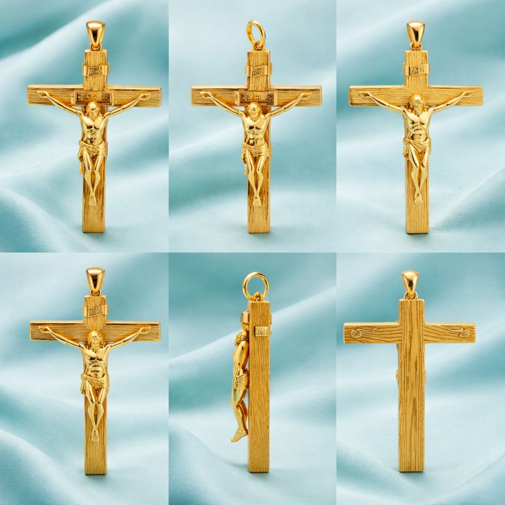 Polished Gold Crucifix Pendant 25x8x12mm – Wood Texture Cross – INRI Religious Charm