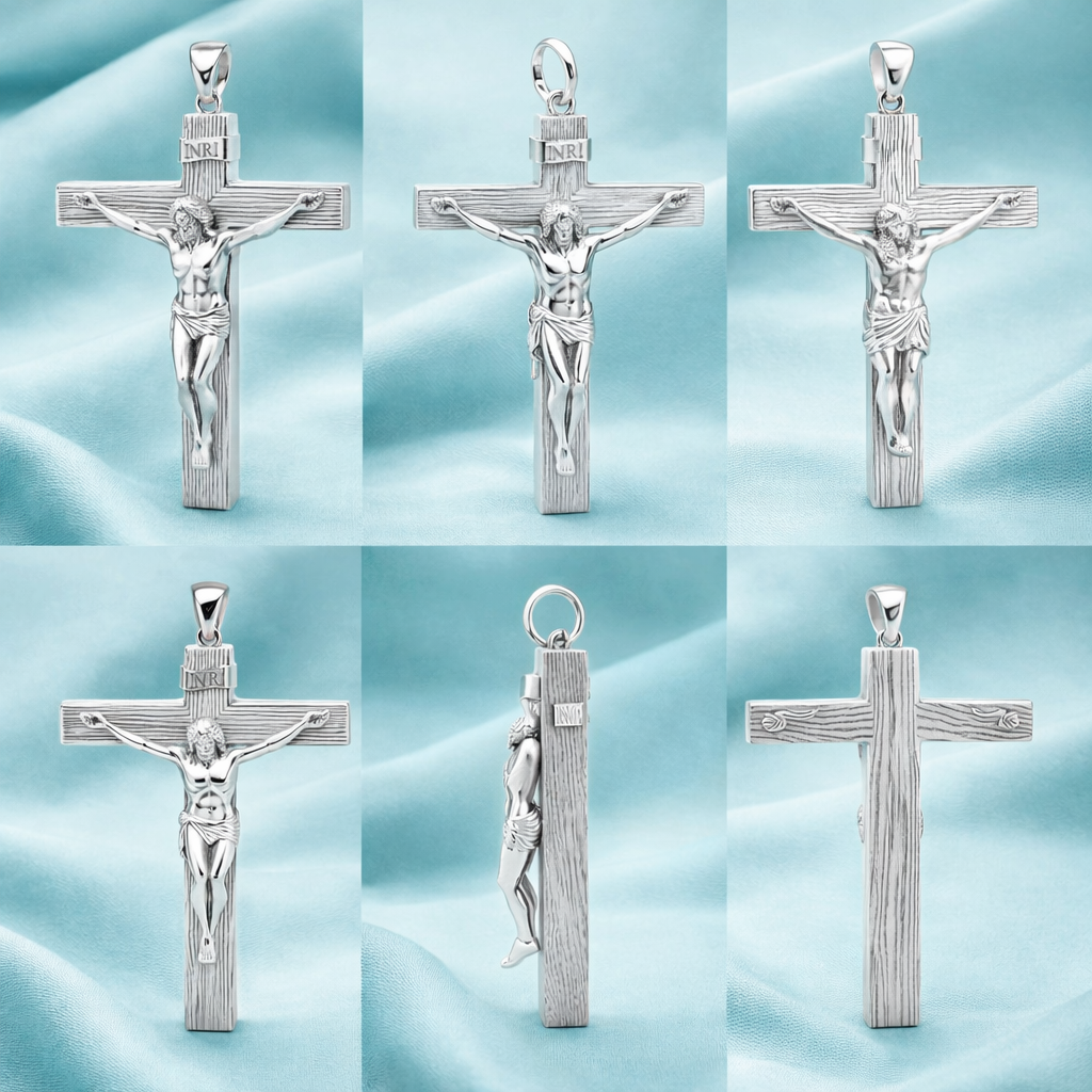 Polished Silver & Brass Crucifix Pendant 25x8x12mm – Wood Texture Cross – INRI Religious Charm