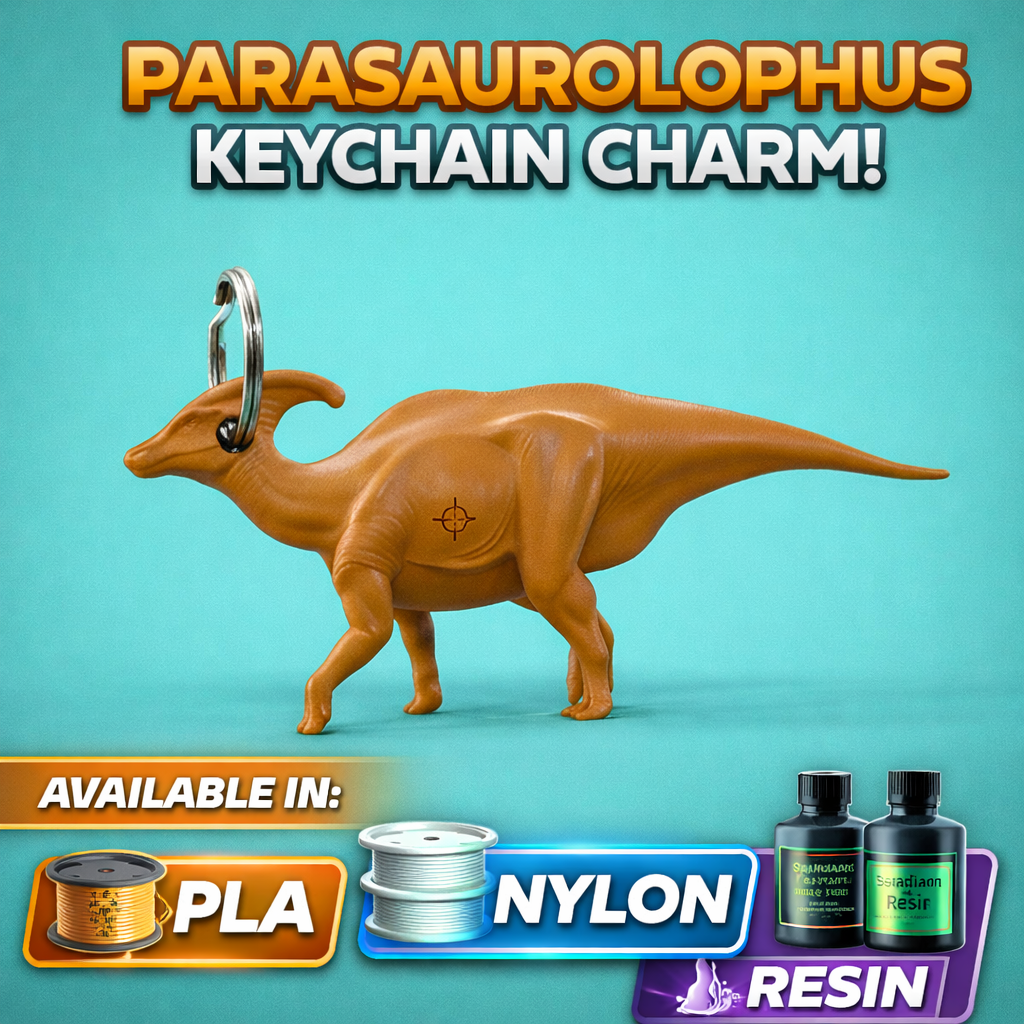 Parasaurolophus Keyring Tag 3D Print – Dinosaur Keychain Charm (40mm) – PLA, Nylon, TPU – Dino Gift Accessory (Ring Not Included)
