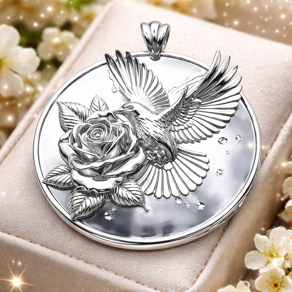 Polished Silver & Brass Hummingbird Rose Pendant Necklace | Handmade Engraved Floral Bird Jewelry | Gift for Her | Nature Inspired Charm