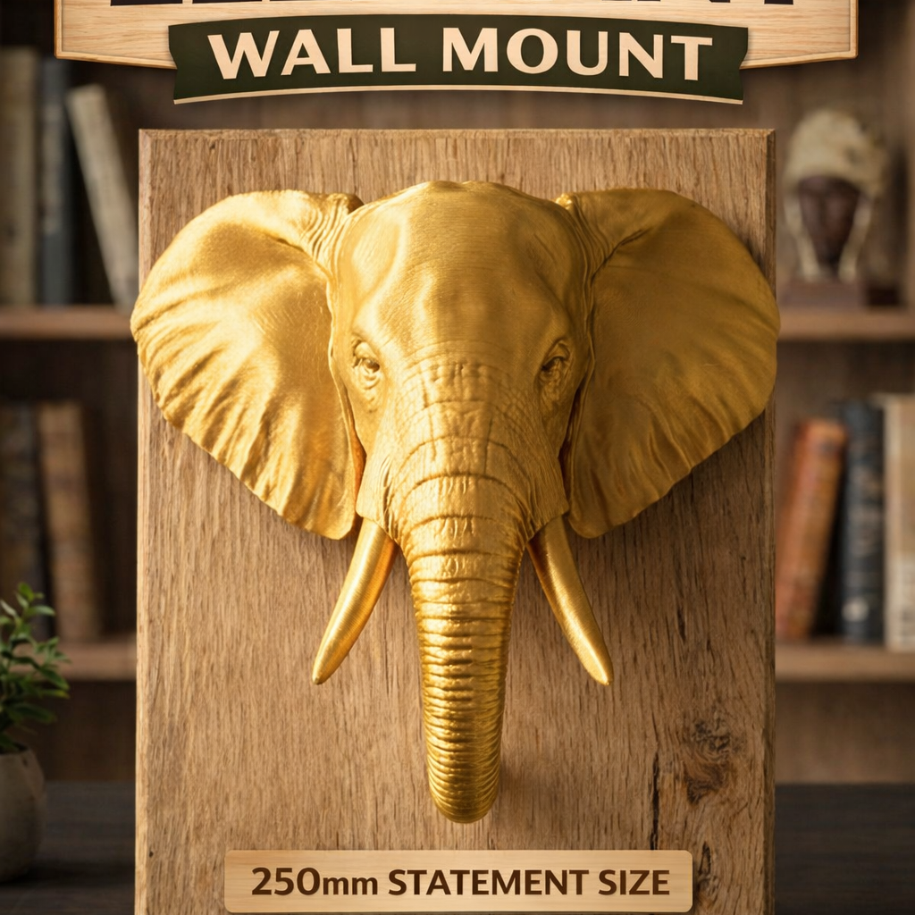 Elephant Wall Mount 3D Print | PLA Gold Sculpture | Wildlife Wall Decor | Large 250mm Statement Piece | Elephant Head Art
