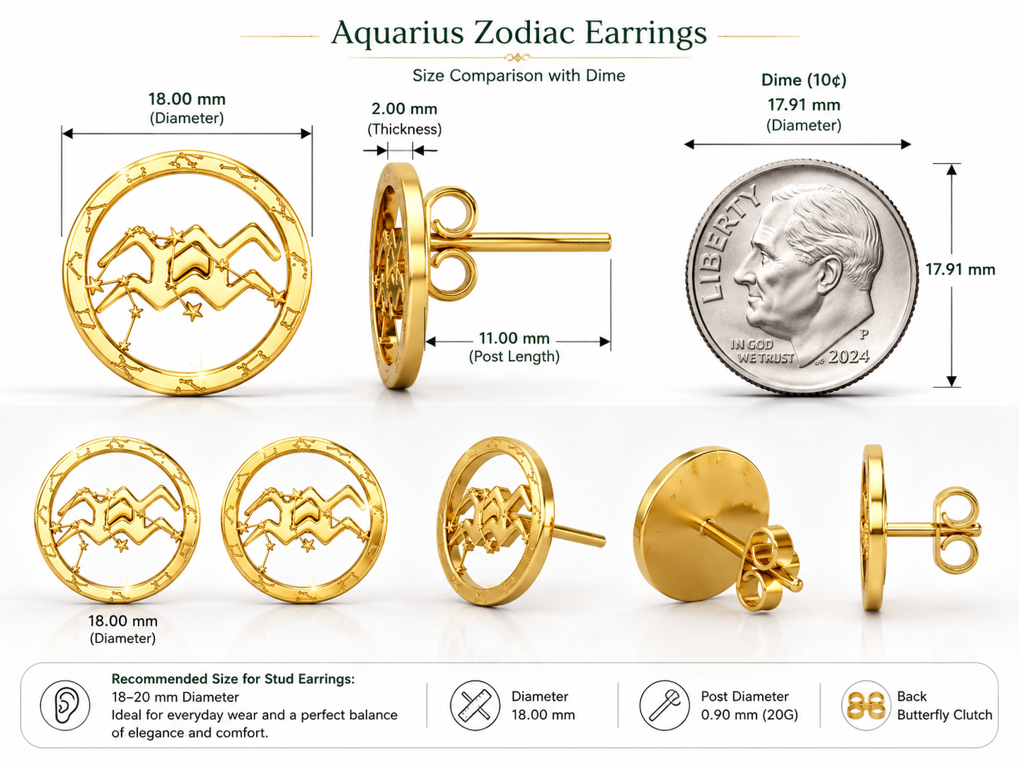 Aquarius Zodiac Stud Earrings, 18mm Astrology Earrings, Water Bearer Constellation Earrings, 9K Gold, Sterling Silver or Yellow Brass Gift