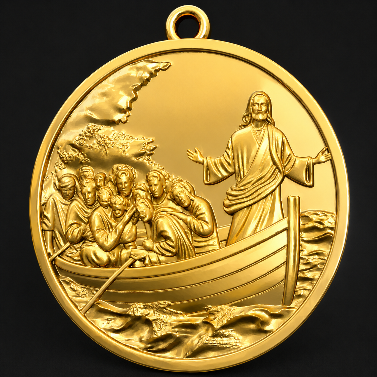 Jesus Calms the Storm Coin Pendant Necklace | 30mm Christian Medallion | 18K Gold, Sterling Silver or Yellow Brass | Religious Gift