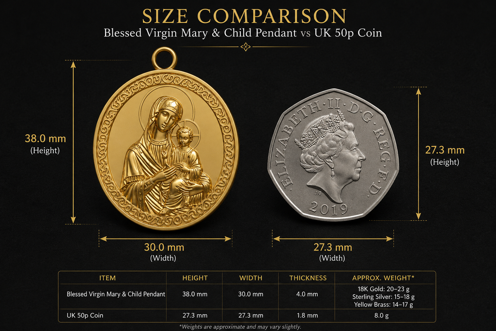 Virgin Mary & Child Coin Pendant Necklace | Blessed Mother Medallion | Christian Jewelry in 18K Gold, Sterling Silver or Yellow Brass