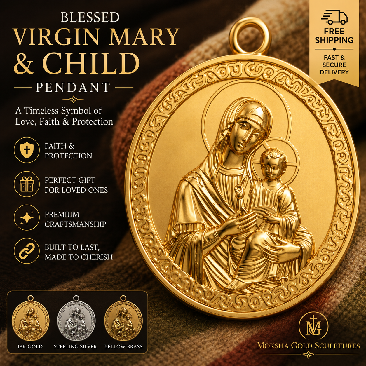 Virgin Mary & Child Coin Pendant Necklace | Blessed Mother Medallion | Christian Jewelry in 18K Gold, Sterling Silver or Yellow Brass