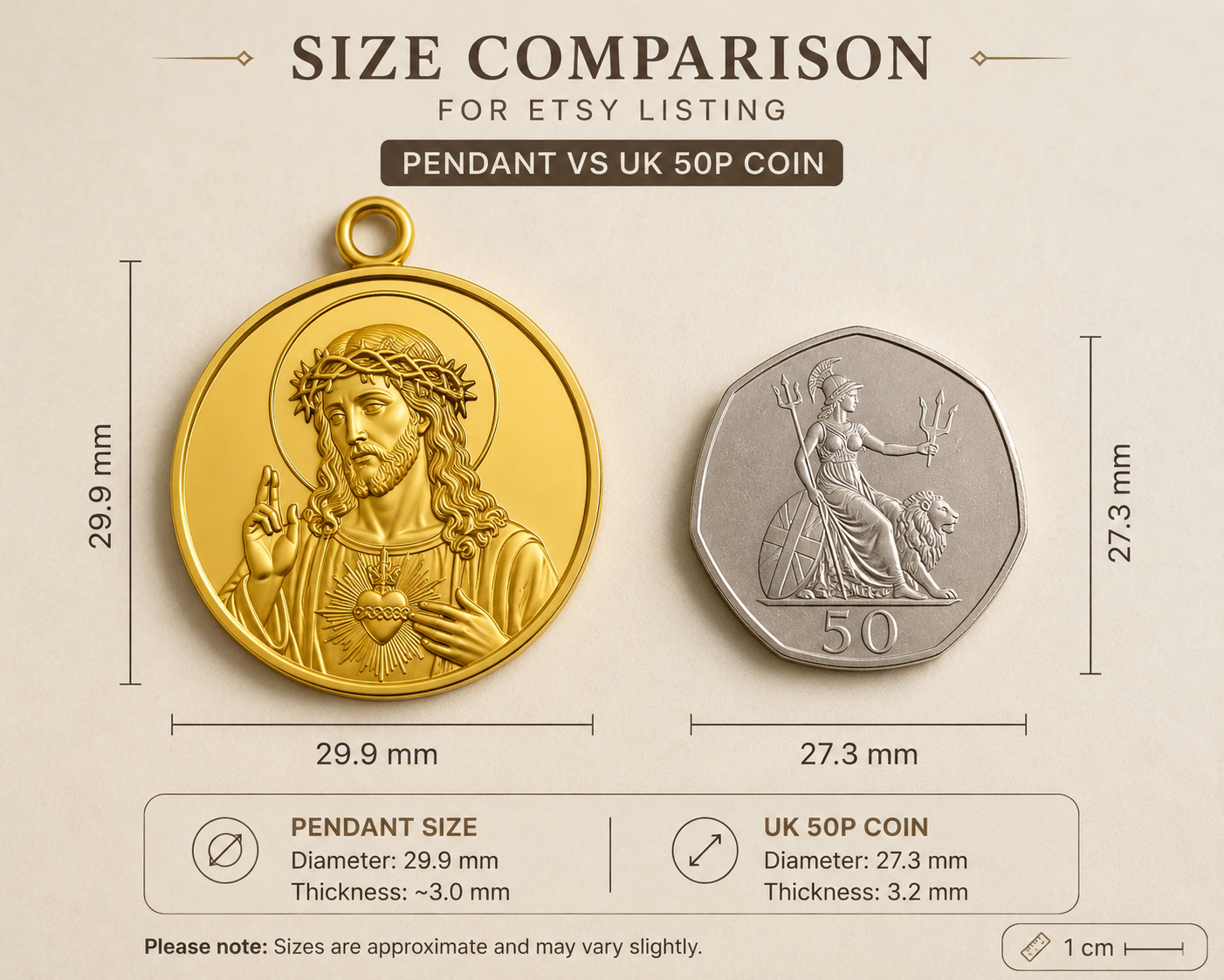 Jesus Sacred Heart Coin Pendant Necklace | 18K Gold Plated, Sterling Silver or Polished Brass | Christian Medallion | Catholic Religious Jewellery | 30mm