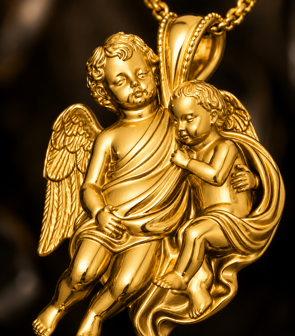 Golden Cherub Duo Pendant Necklace | Guardian Angel Jewelry | 9K Gold, Sterling Silver & Yellow Brass | Handmade Religious Gift