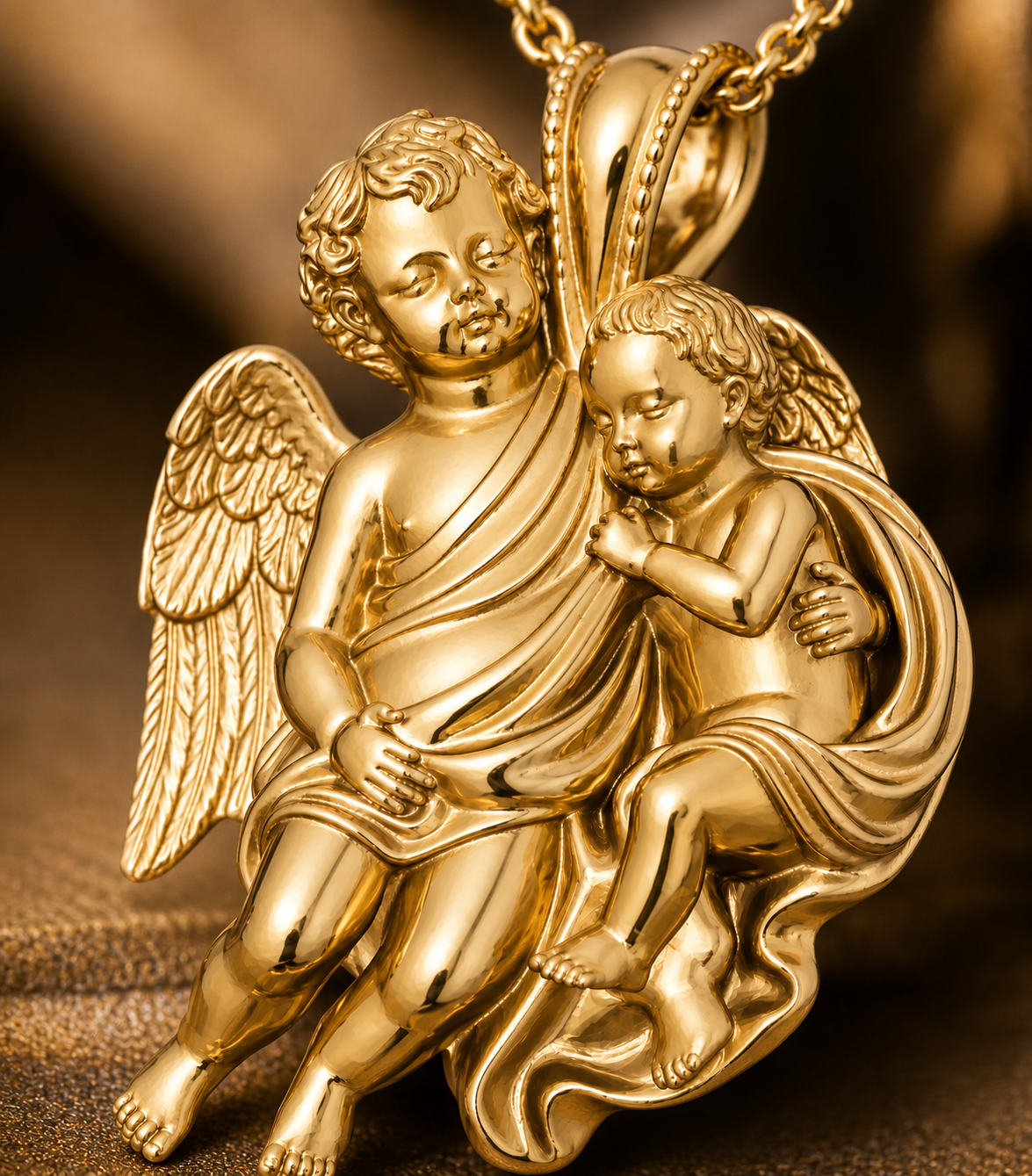 Golden Cherub Duo Pendant Necklace | Guardian Angel Pendant | 9K Gold, Sterling Silver & Yellow Brass | Religious Jewelry | Cherub Gift